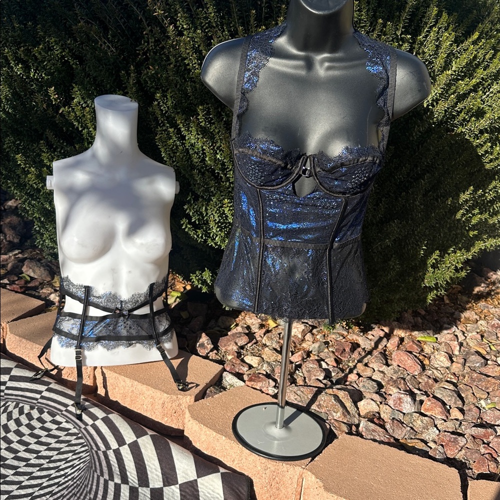 Victoria's Secret Metallic Foil Lace Corset w/Swarovski💎34B & XS gather belt-new